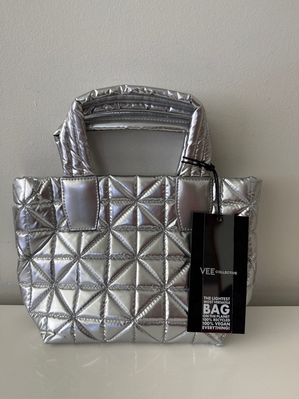 New VEE COLLECTIVE Vee Mini Quilted Tote Bag Crossbody Handbag Chrome Metallic